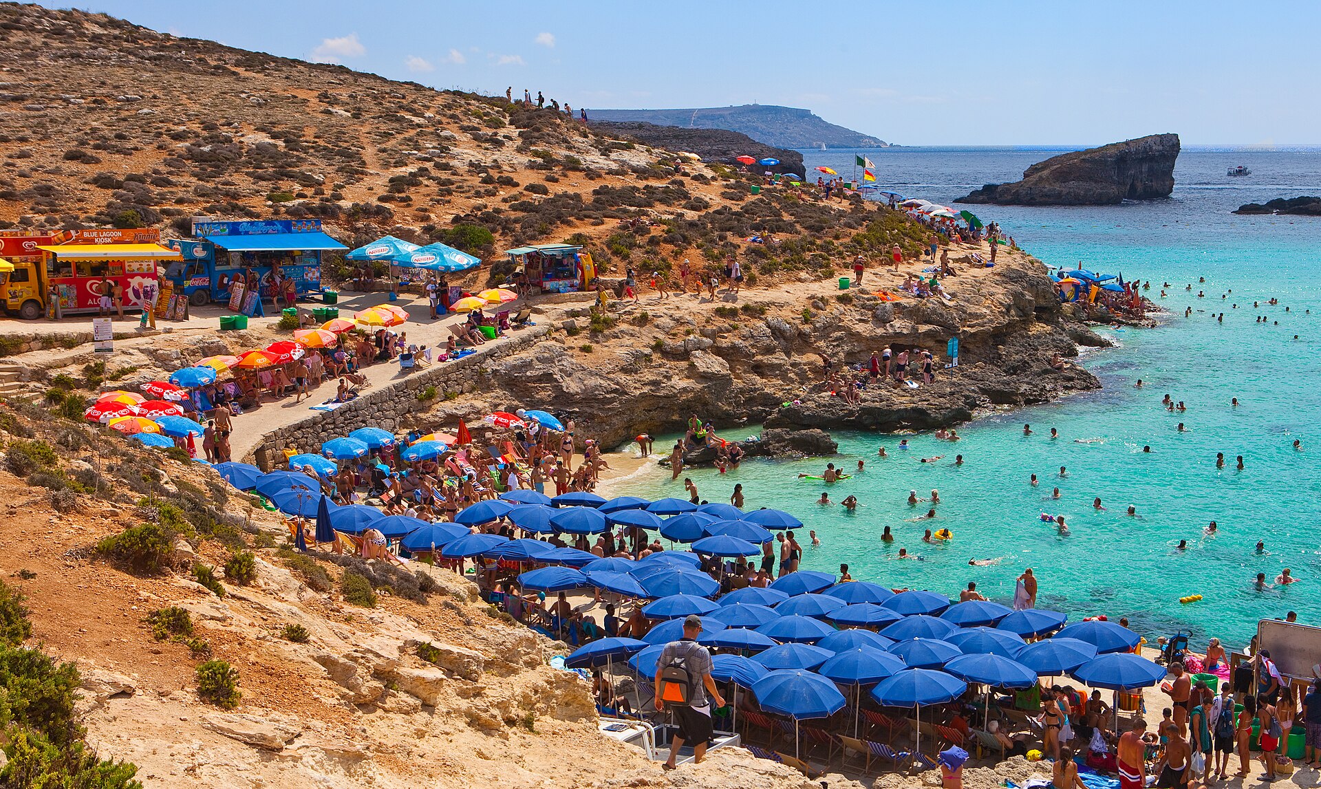 Visitors on the Blue Lagoon beach, Comino, Malta